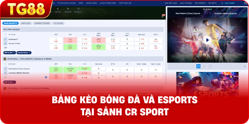 Hình ảnh minh họa bảng kèo bóng đá và Esports tại sảnh CR Sport